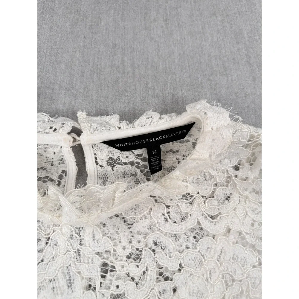 White House Black Market Lace Sleeveless Top Ecru Floral Mock Neck Size 14 - Picture 2 of 9